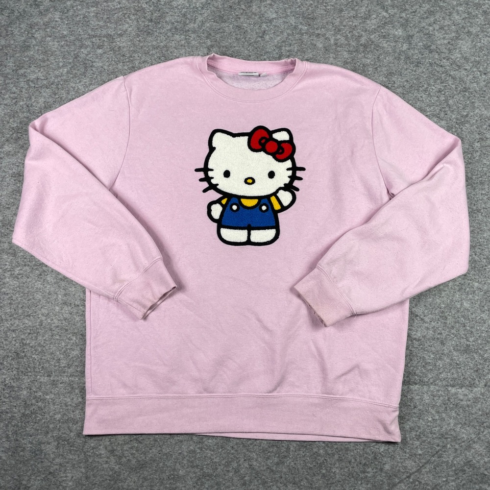 Hello Kitty Sweatshirt Womens Large Pink Chenille Patch Sanrio Fleece Pullover